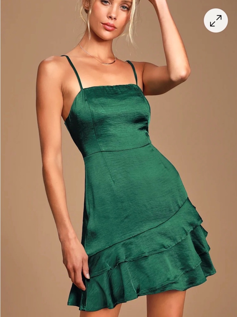 Lulu’s Dreams Come True Emerald Green Satin Ruffle Hem Slip Mini Dress